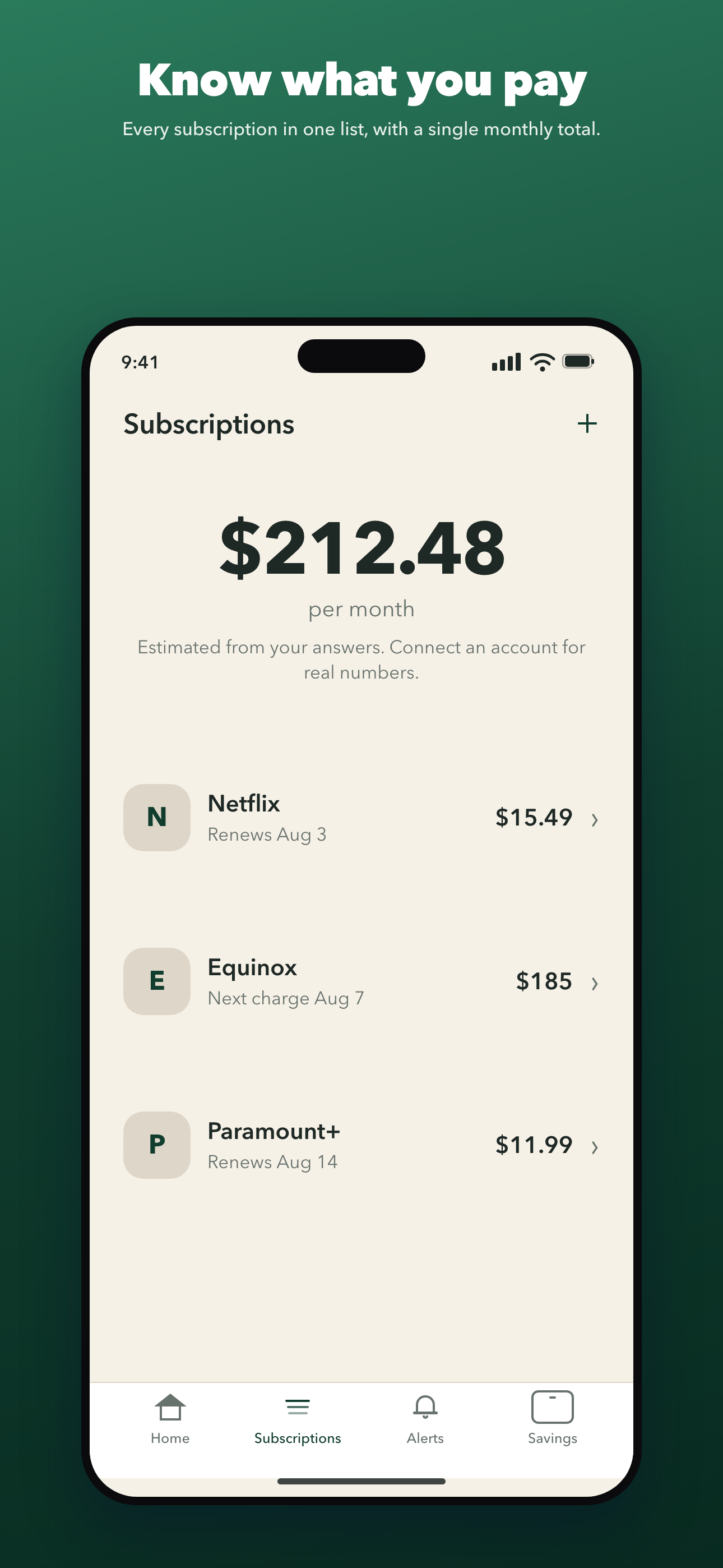 Phone — Subscriptions: the monthly total and every subscription in one list