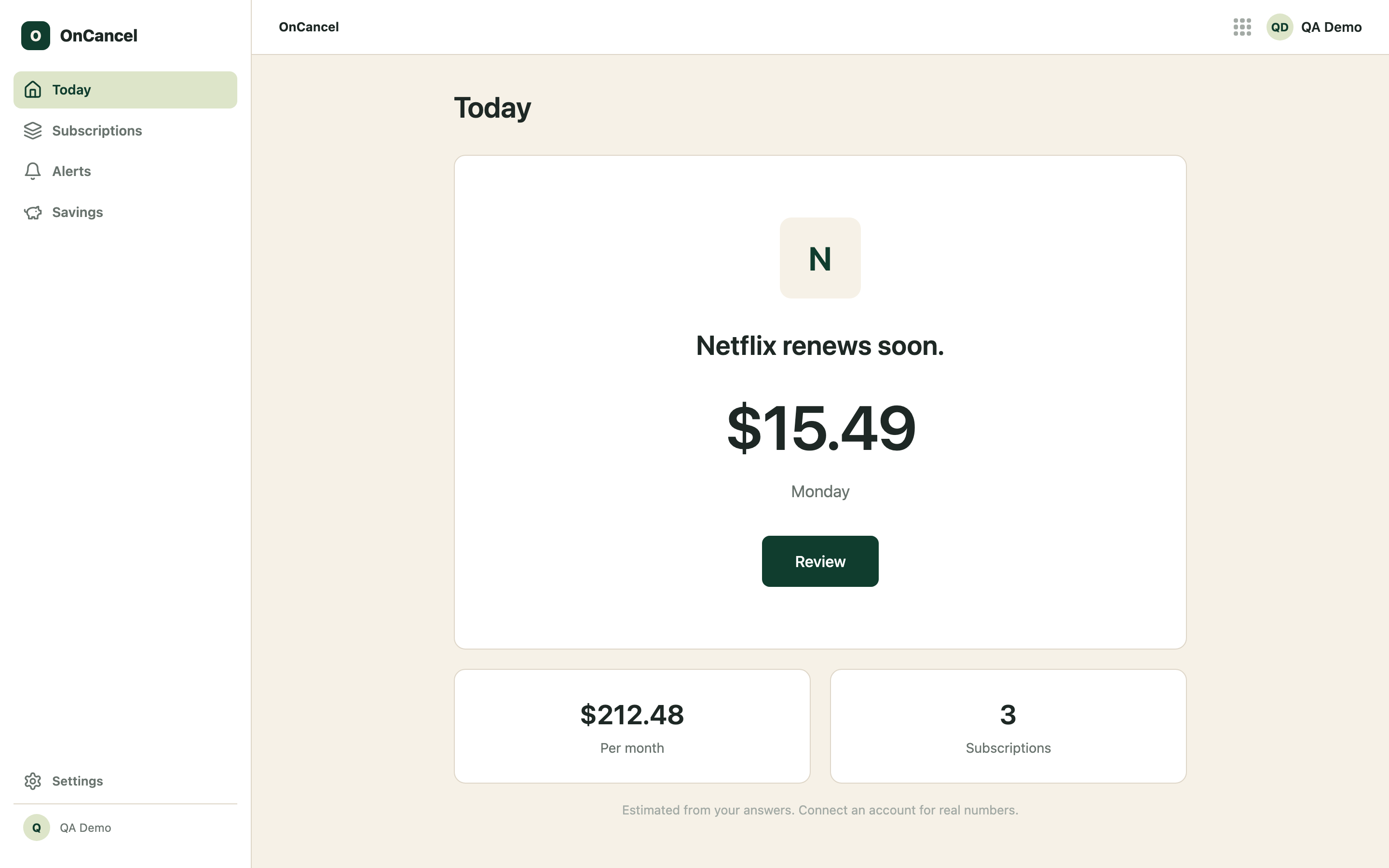 Today — Netflix renews soon, $15.49, with the monthly total and subscription count
