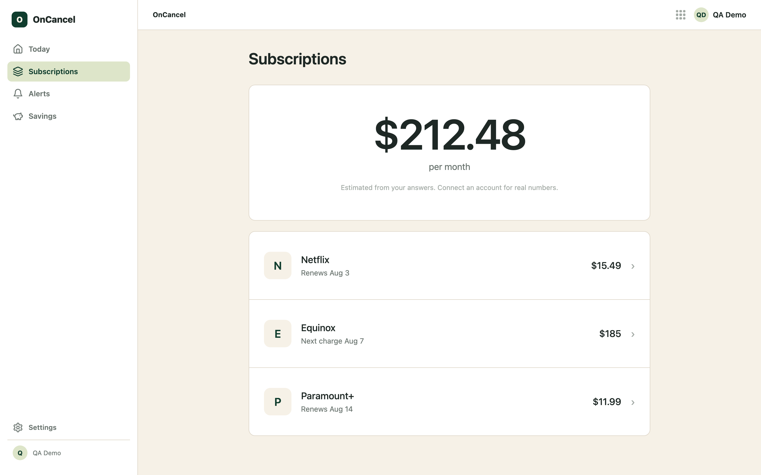 Subscriptions — $212.48 per month across Netflix, Equinox and Paramount+